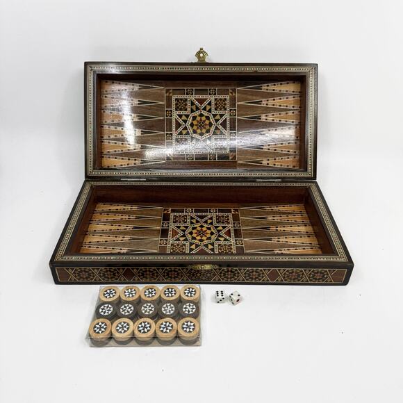 Vintage Mid-Century Syrian Inlaid Wood Backgammon/Chess Board - Picture 2 of 11
